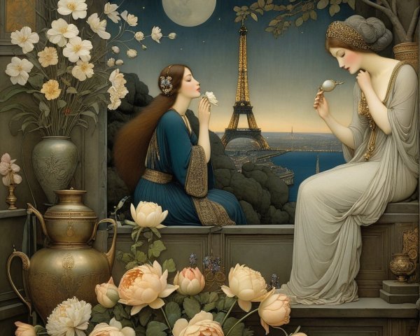 Elegant Women in Nighttime Scene with Eiffel Tower