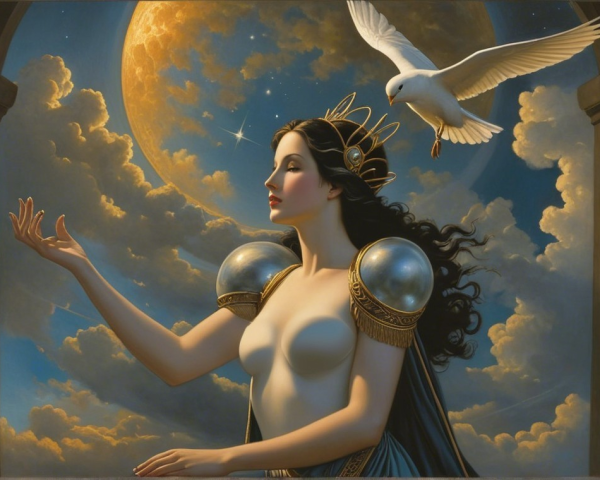 Regal woman in armor with dove and moon backdrop