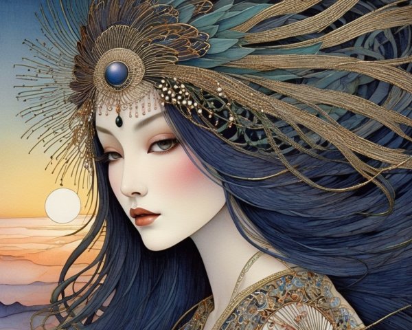 Detailed illustration of woman with ornate headwear and dark blue hair against sunset by the sea