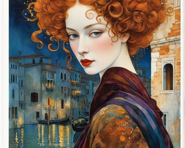 Illustrated woman with red curly hair in front of starry arch and Venetian waterway.