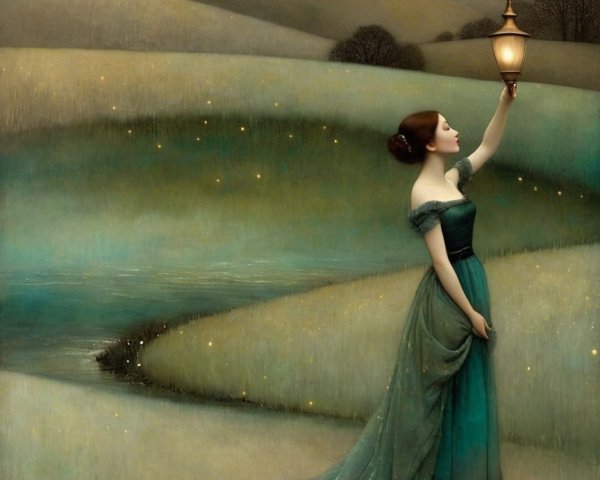 Elegant Woman in Teal Gown by Serene Water's Edge