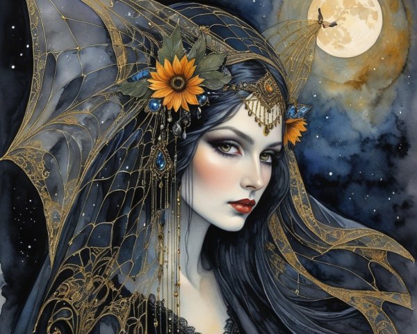 Striking Woman with Veil and Sunflowers Under Moonlight
