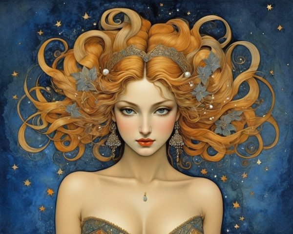Woman with Wavy Gold and Copper Hair in Celestial Scene