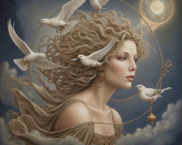 Serene woman with birds in a dreamy night sky