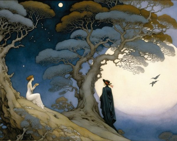Serene Night Scene with Woman and Mysterious Figure