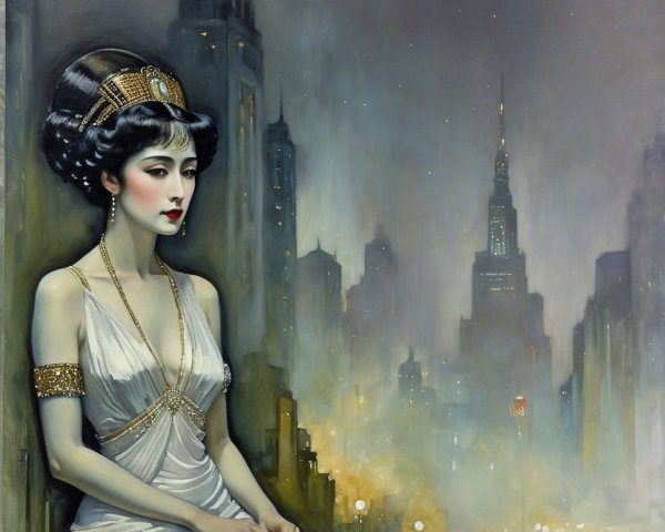 Glamorous Woman in White Dress Against Metropolis Skyline