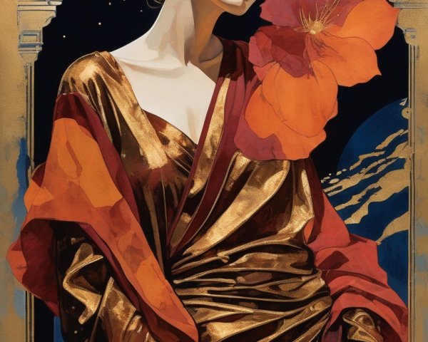 Illustrated woman in gold gown with red flowers and columns against night sky.