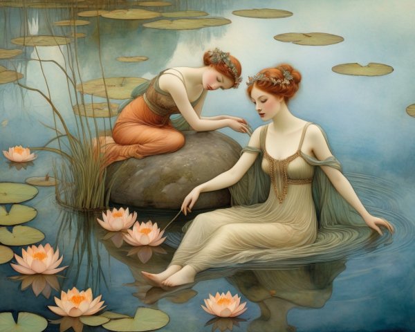 Ethereal women by tranquil pond with lotus flowers