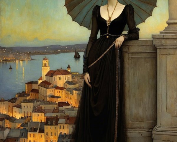 Elegant woman in black gown with parasol at twilight