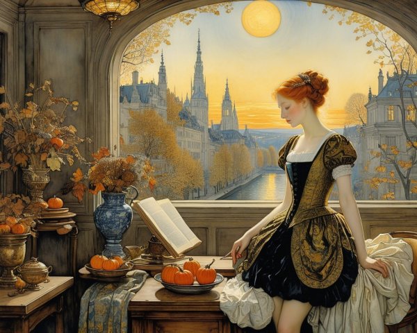 Young Woman in Historical Gown Amid Autumn Landscape