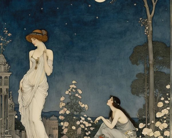 Tranquil Night Scene with Women in Elegant Attire