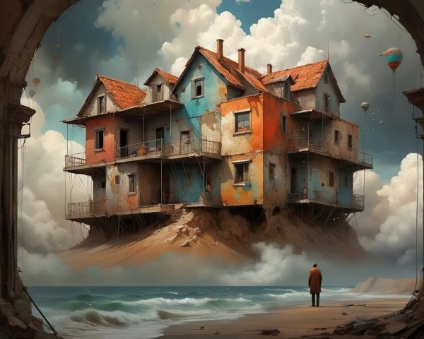 Surreal Floating House Above the Sea with Balloons