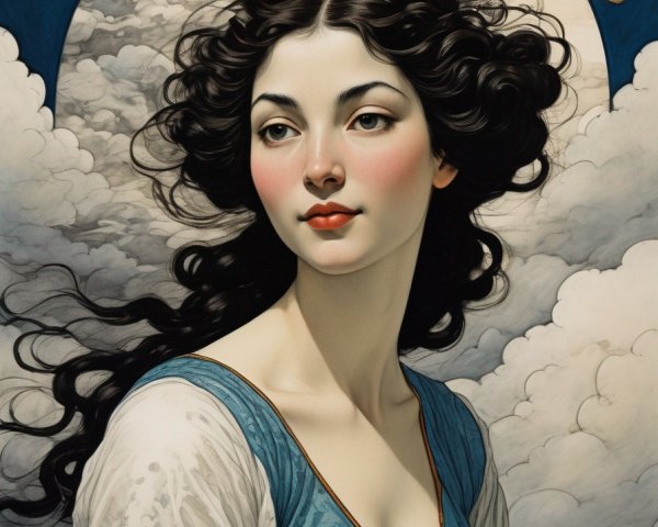 Serene Woman in Blue Dress Amidst Dreamy Clouds