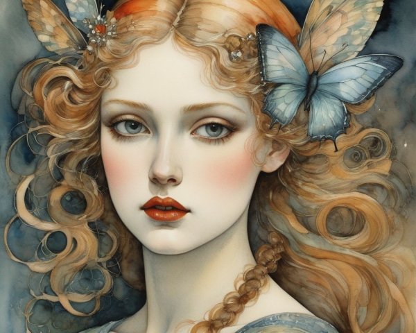 Portrait of a Young Woman with Golden Hair and Butterflies