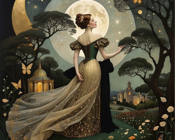 Serene Woman in Gold Gown Under a Luminous Moon