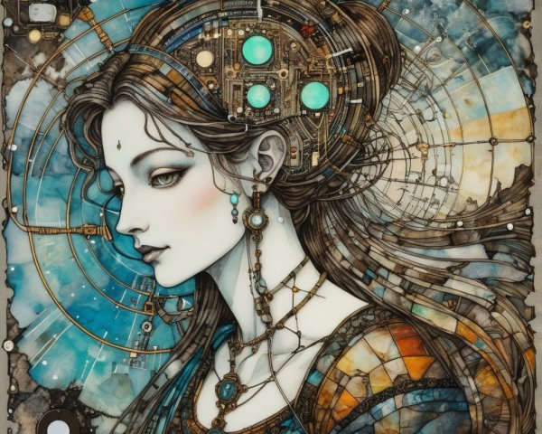 Serene Woman with Mechanical Hair and Abstract Background