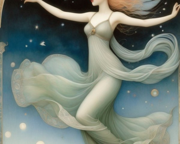 Ethereal woman floating in star-filled sky with sea and ships below