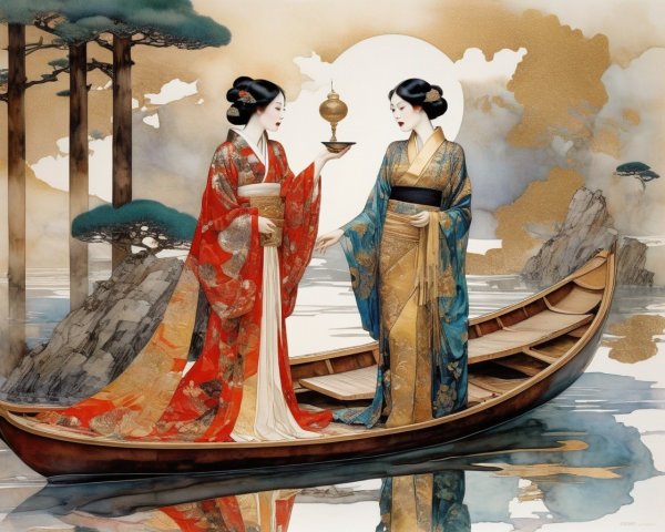 Two women in traditional Japanese kimonos on a boat with serene water and mountains, one holding a