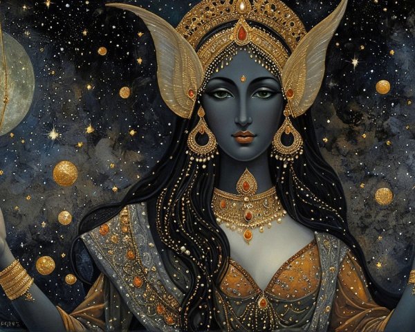 Celestial Goddess in Starry Night Sky with Jewelry