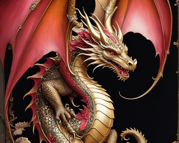Majestic red-winged dragon illustration on black background