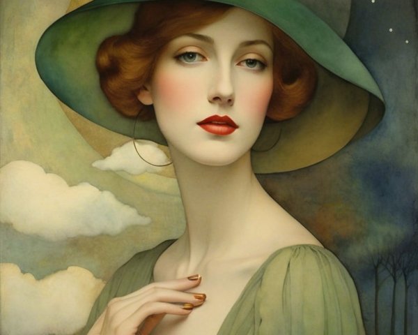 Portrait of a Woman in Green Hat and Dress