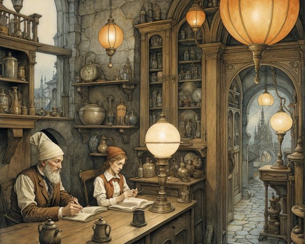 Cozy Shop with Elderly Man and Child Writing Together