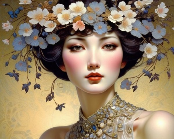 Ethereal Woman in Elegant Attire with Floral Background