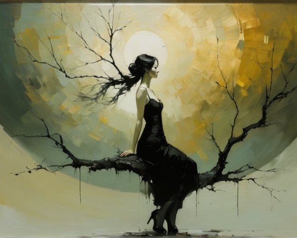 Solitary Figure in Black Dress Against Moonlit Background