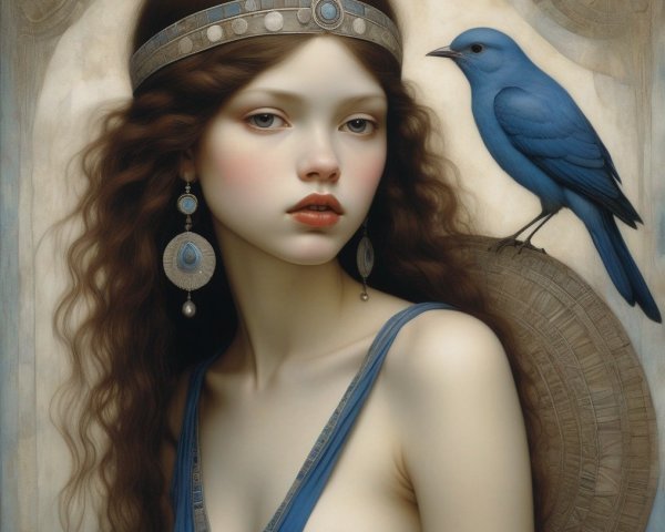 Portrait of woman with curly hair in blue dress and headband with bluebird.