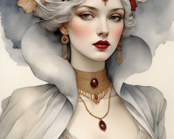 Elegant Woman with Pale Skin and Ruby-Red Lips