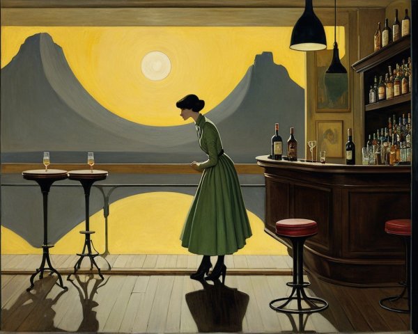 Cozy Bar Scene with Woman and Mountain Sunset