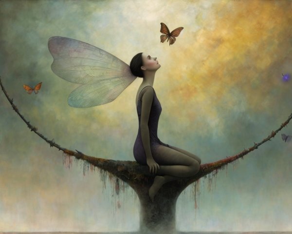 Serene figure with translucent wings on a branch