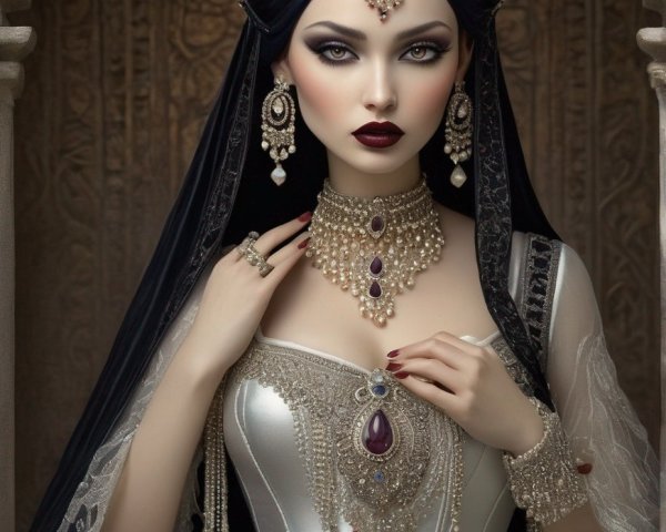 Dark-haired woman in turban and jewelry poses regally on ornate backdrop
