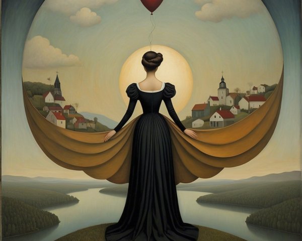 Elegant Woman in Black Gown with Red Balloon in Landscape