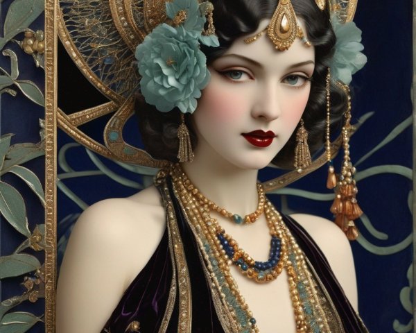 1920s Style Woman in Velvet Dress with Floral Accents