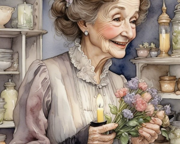 Elderly Woman with Flowers and Candle in Vintage Setting