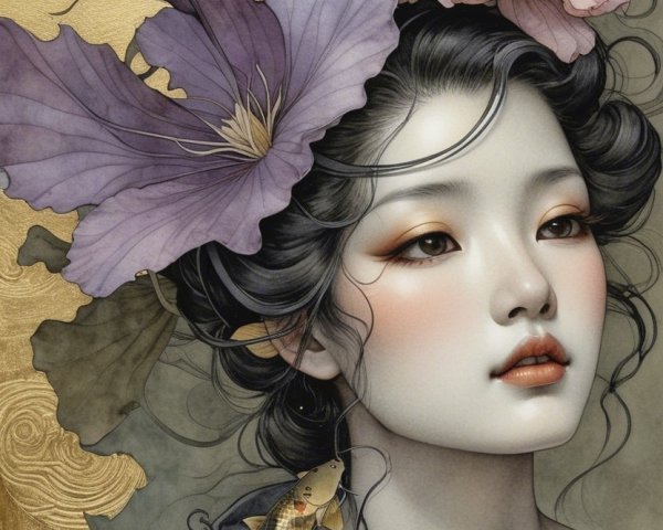 Serene Woman with Flowers and Koi Fish Artwork