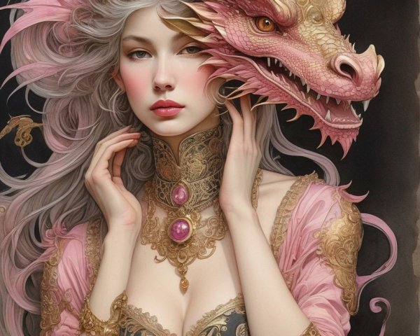 Pale-skinned woman in pink and gold attire with golden dragon on shoulder