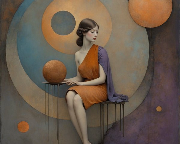 Serene Figure on Chair with Colorful Orbs and Shapes