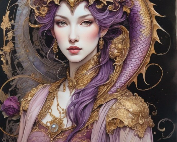 Illustrated woman with purple hair in regal attire and dragon-themed headdress