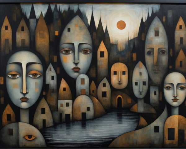 Surreal Landscape with Stylized Faces and Abstract Houses