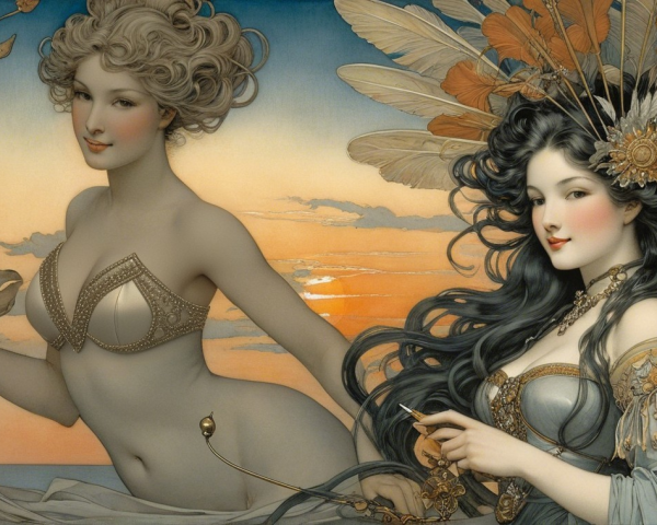 Elegantly Dressed Women Against Dreamy Sunset Backdrop