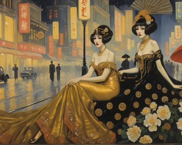 Elegant Women in Traditional Attire in Urban Scene