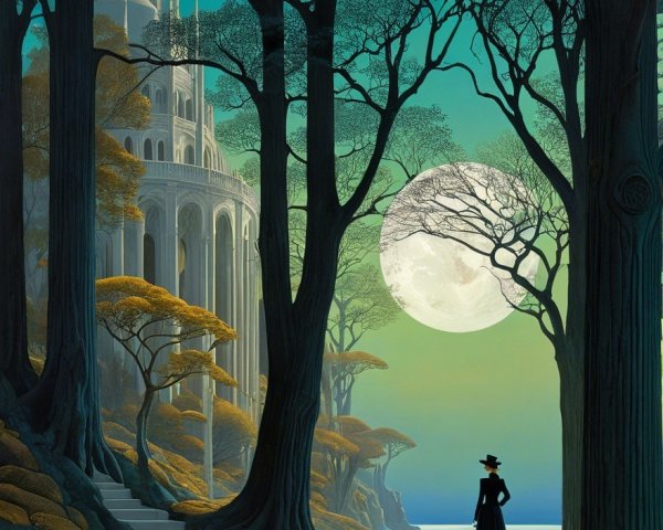 Serene landscape with ornate building and glowing moon
