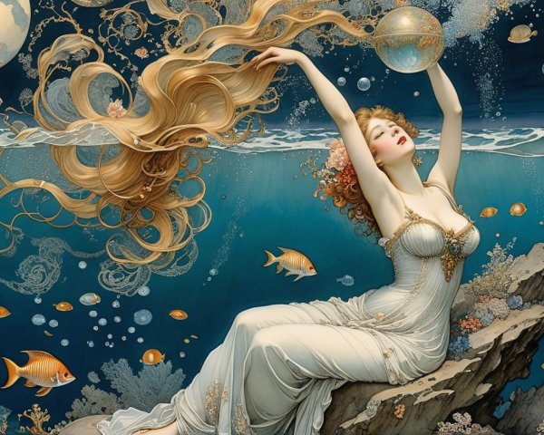Underwater Scene with Flowing Hair and Fish