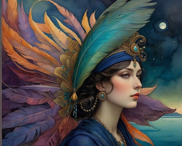 Portrait of a woman with a vibrant feather headdress