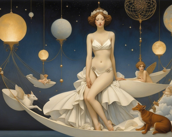 Surreal Oil Painting of a Woman on a Crescent Moon Boat