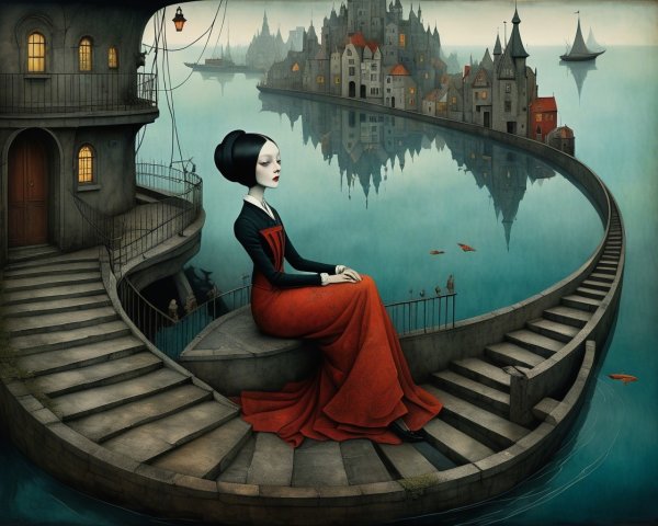 Serene figure in red gown by tranquil water scene