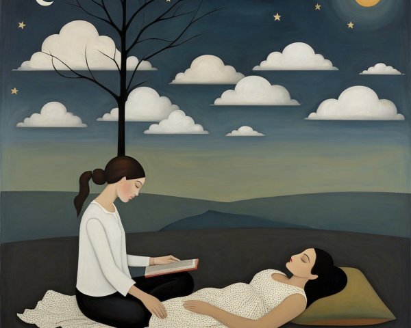 Woman Reading Under a Starry Night Sky