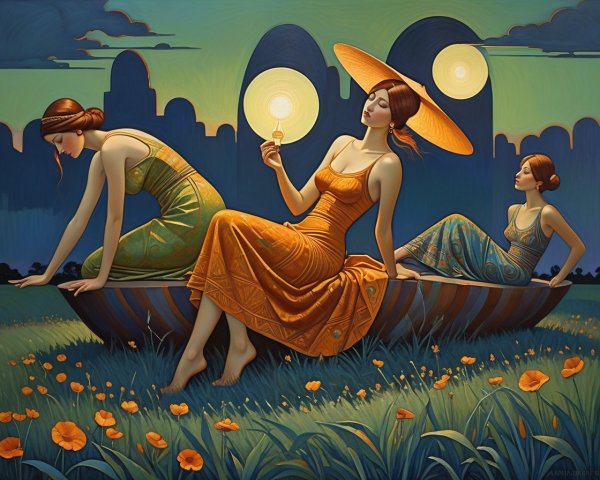 Elegant Women in Vibrant Dresses on a Boat Scene